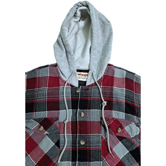 Wrangler Plaid Flannel Men's Medium Jacket Hooded Quilted Lining Shacket Red - Picture 2 of 9